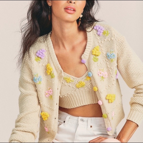 LoveShackFancy Sweaters - NEW LoveShackFancy Briallon Chunky Knit Crochet Cardigan Neutral